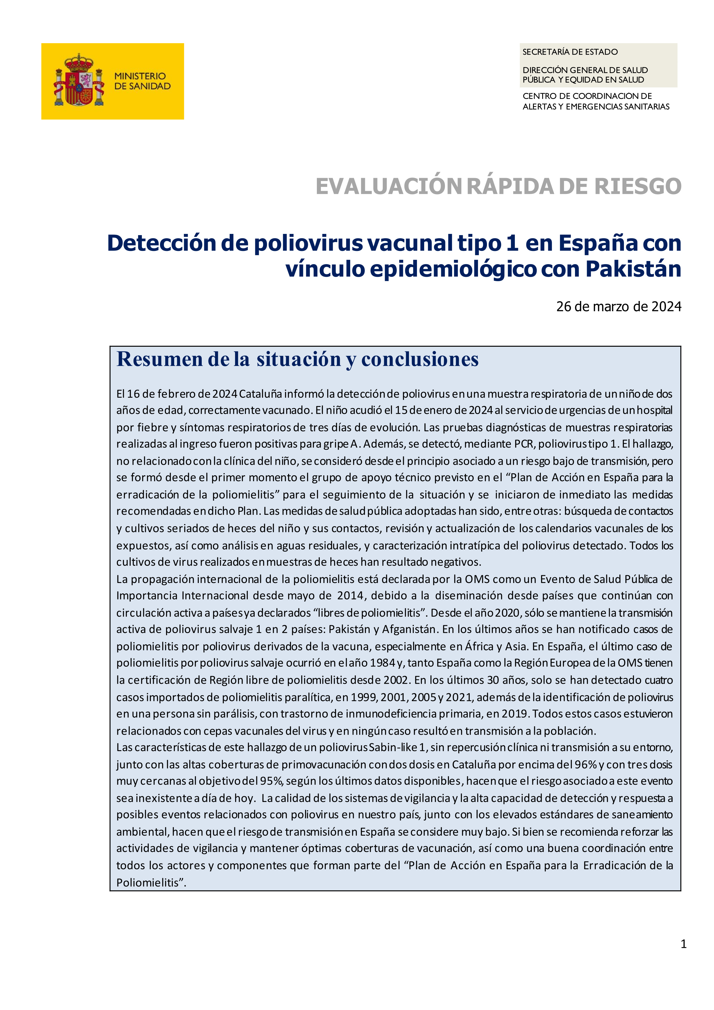 Detección de poliovirus vacunal tipo 1 en España con vínculo epidemiológico con Pakistán